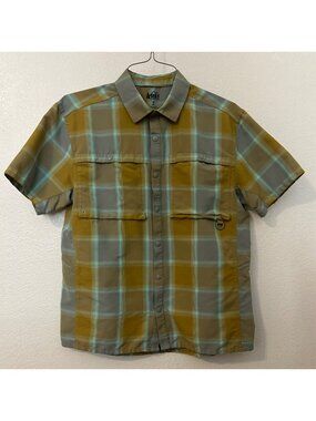 REI Co-op Men's Plaid Snaps Short-Sleeve Shirt M Golden-Tan Teal Outdoors Fish